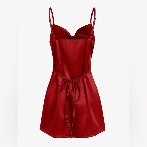 Zaful Womens Satin Spaghetti Strap Mini Dress Red Cowl Neck Homecomin Dress - Picture 3 of 4